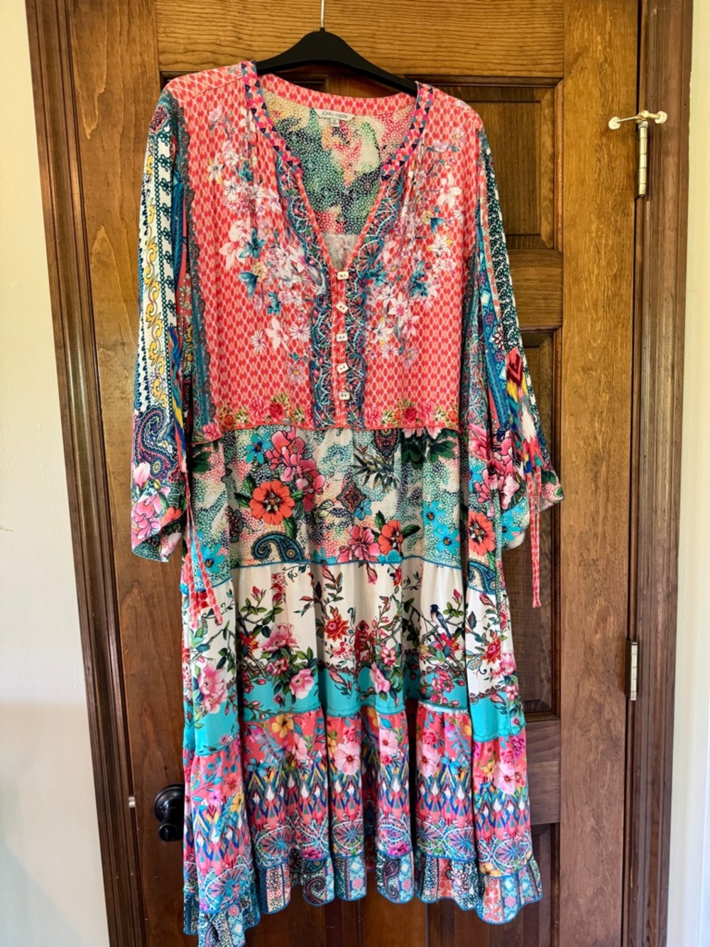 John Mark Coral & Turquoise Floral Boho Dress with POCKETS